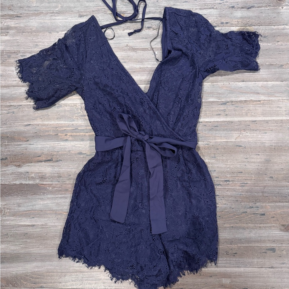 EUC Blue Rain Navy Lace Wrap Romper